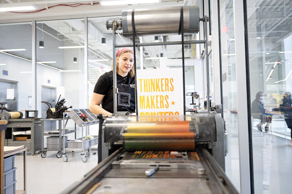 RIT Student Leah Rosen Sets Type By Hand and Prints Her Own Designs on Vintage Presses in the SHED’s Cary Pressroom 